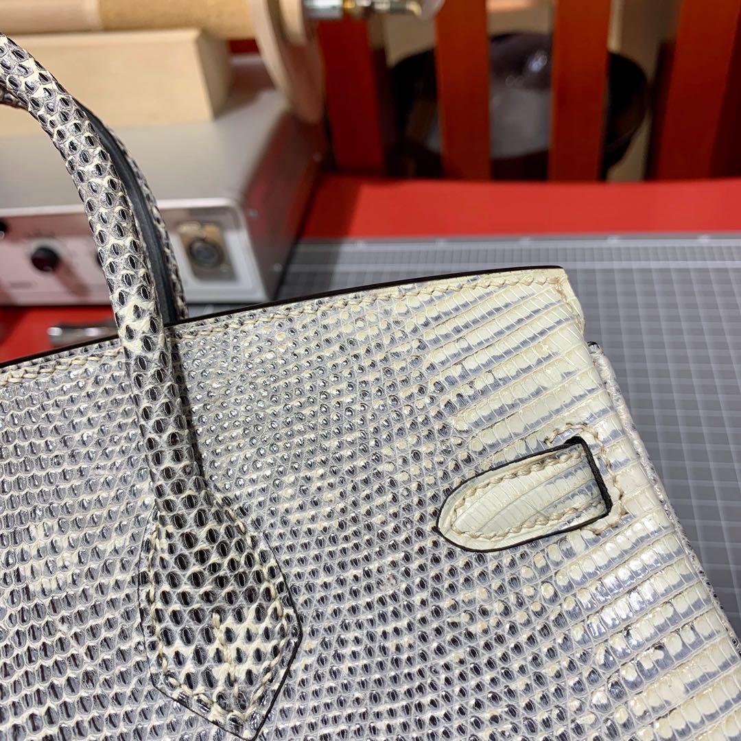 现货 Hermes Birkin25CM 爱马仕喜马拉雅色进口蜥蜴皮铂金包 银扣
