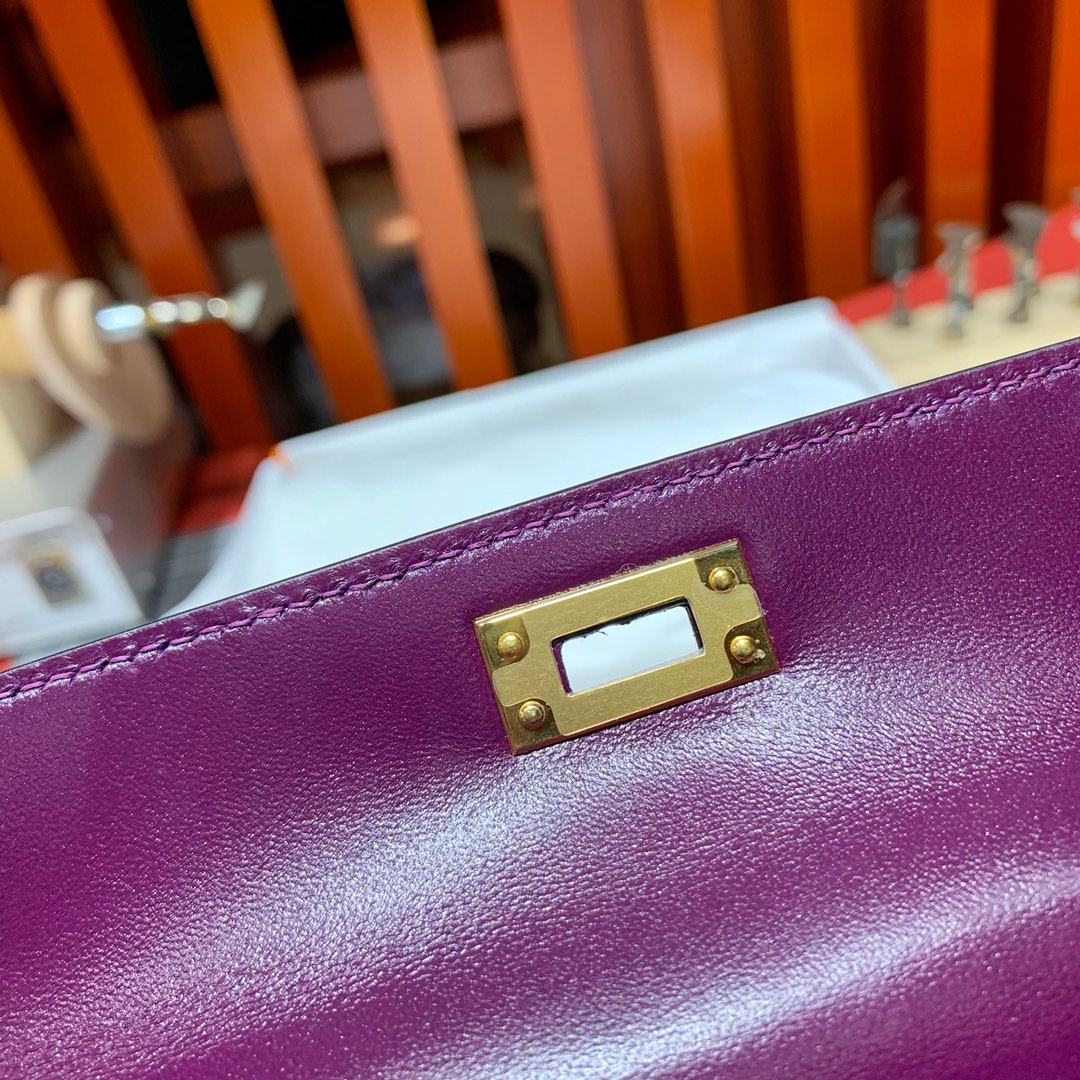 爱马仕迷你凯莉包2代 Hermes Minikelly19CM 葡萄紫亮光鳄鱼皮 金扣