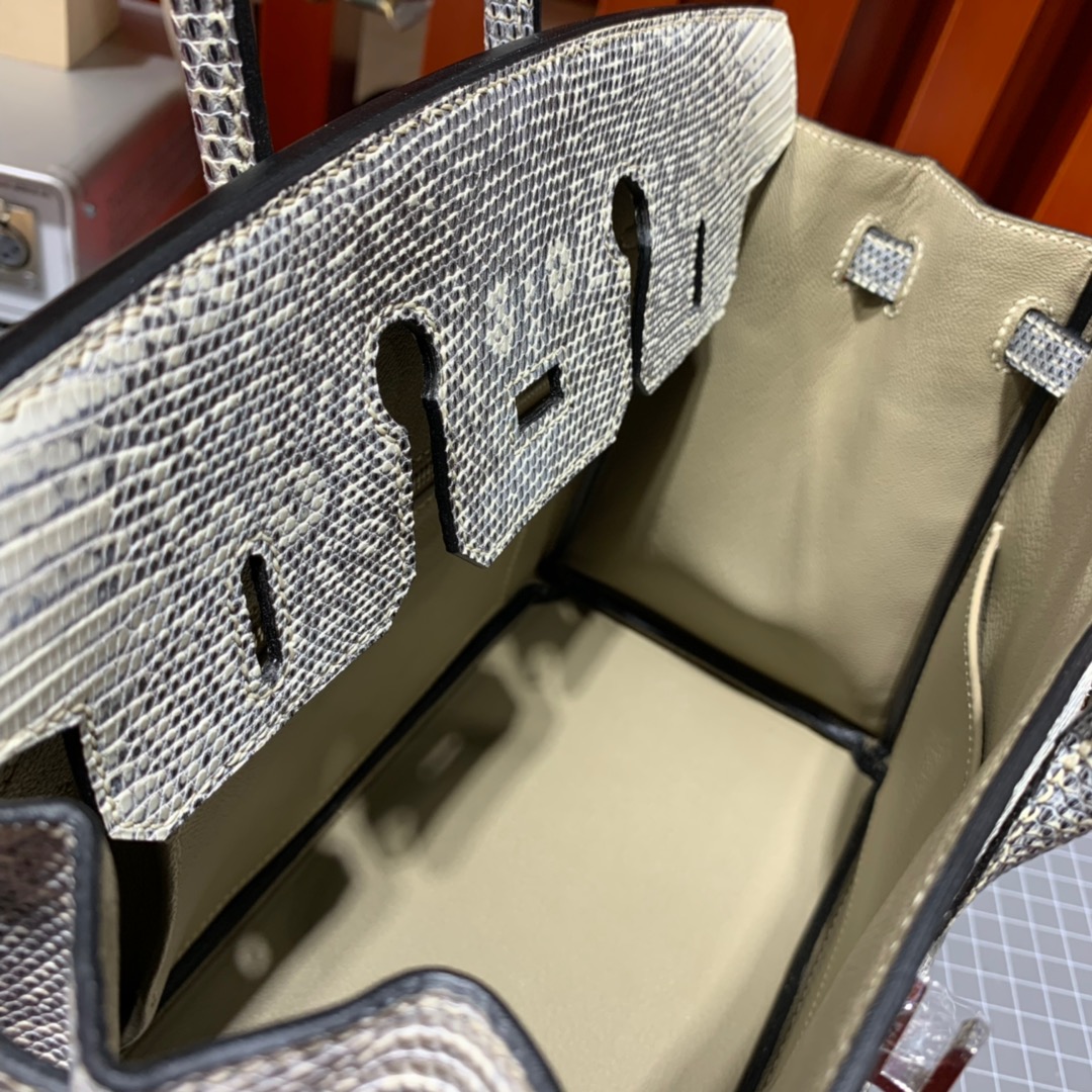 现货 Hermes Birkin25CM 爱马仕喜马拉雅色进口蜥蜴皮铂金包 银扣