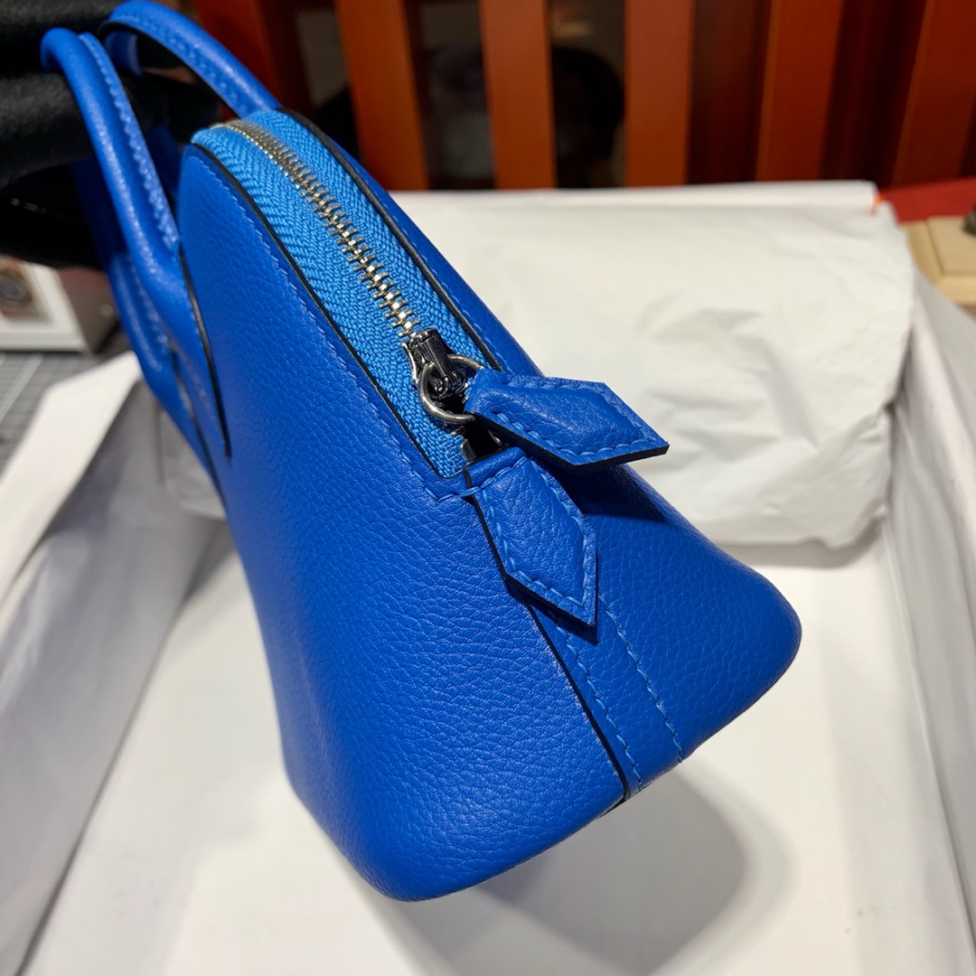 爱马仕Mini Bolide18CM Hermes希腊蓝法国Evercolor皮迷你保龄球包 银扣