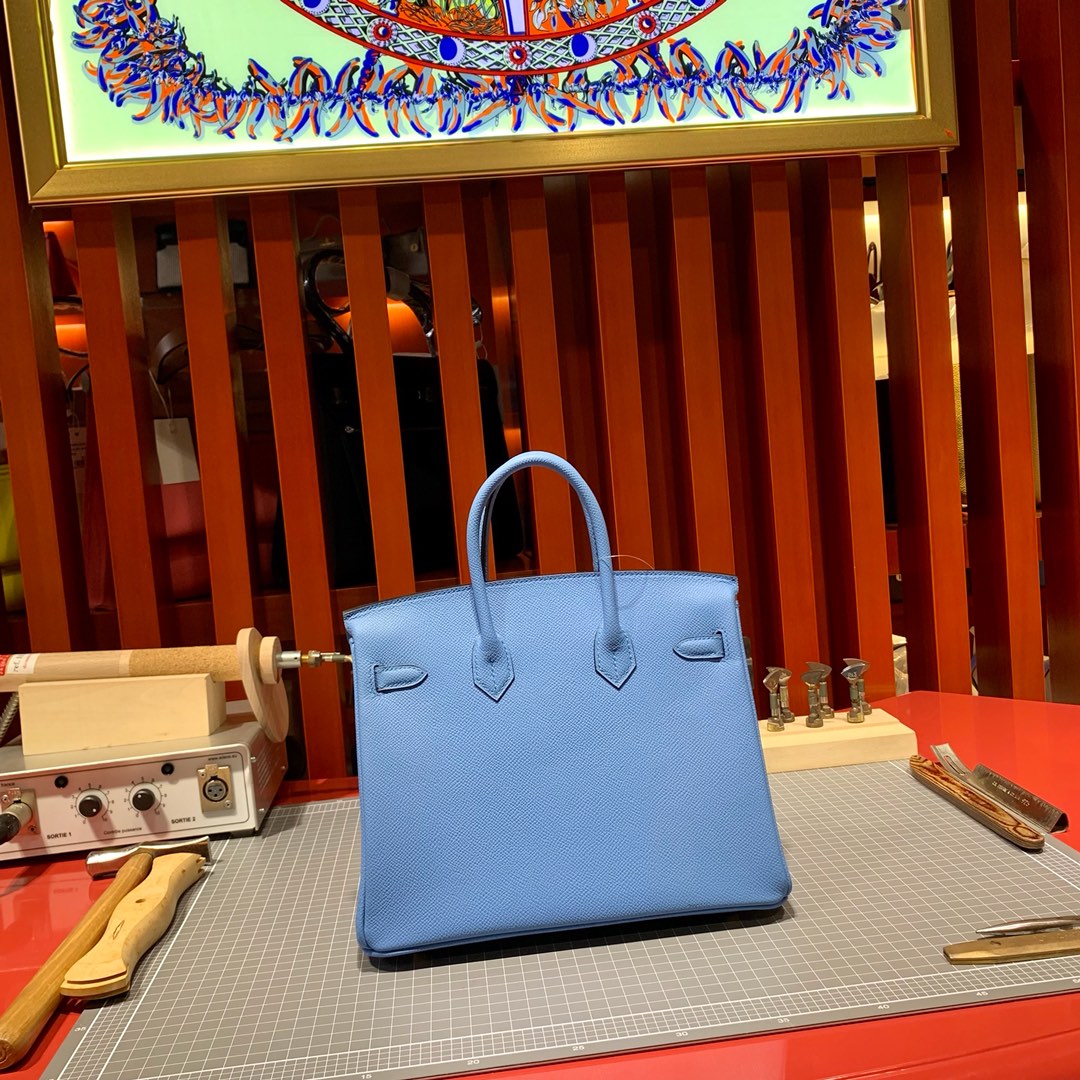 现货 爱马仕铂金包价格 Hermes Birkin25CM 天堂蓝手掌纹牛皮 金扣