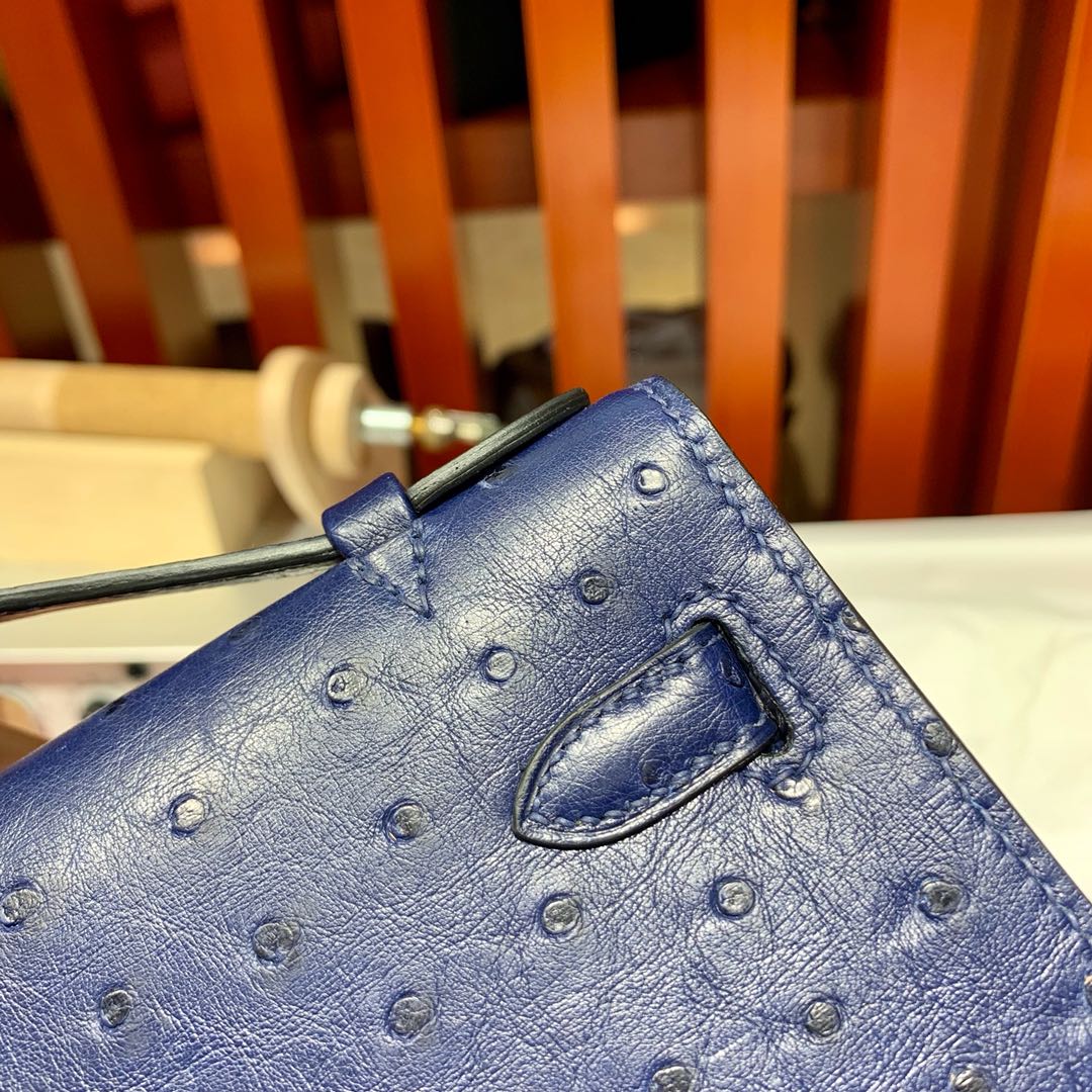 现货 Hermes Minikelly22CM 爱马仕宝石蓝顶级鸵鸟皮迷你凯莉包 金扣