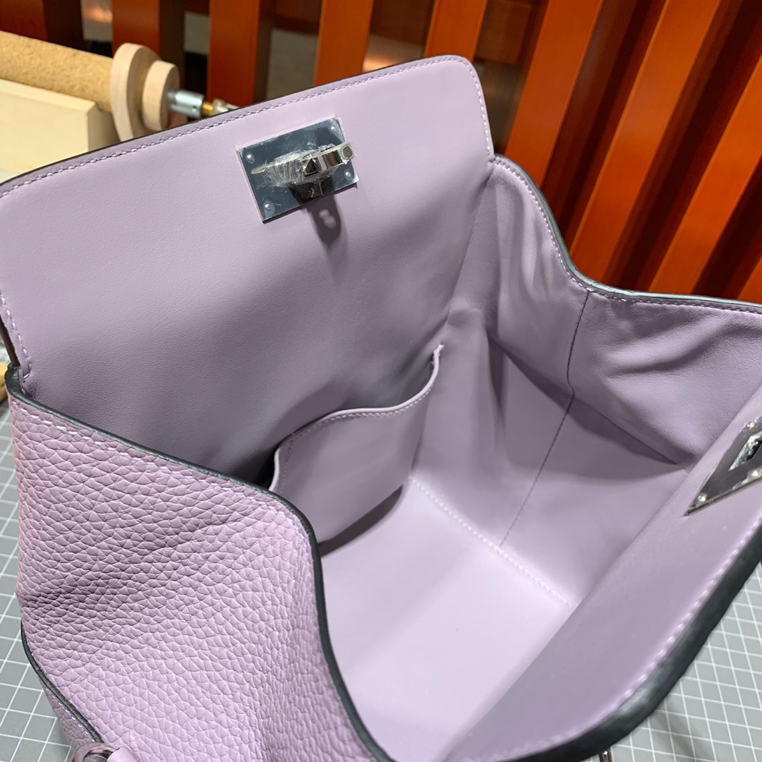 Hermes Toolbox20CM 爱马仕芋头紫togo皮牛奶包手提单肩包 银扣