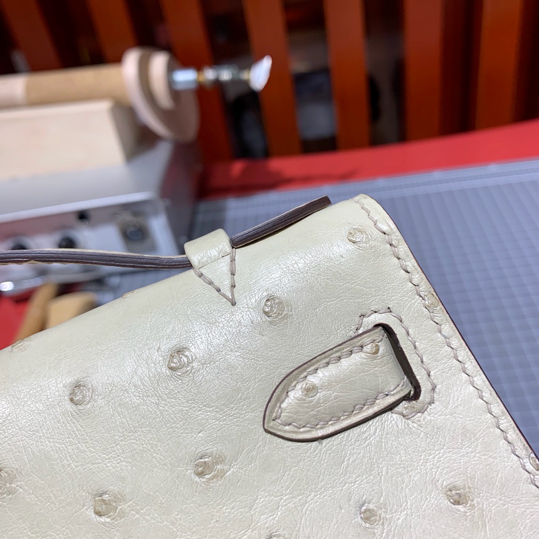 Hermes Minikelly Pochette22cm 爱马仕羊毛白鸵鸟皮迷你凯莉包 金扣