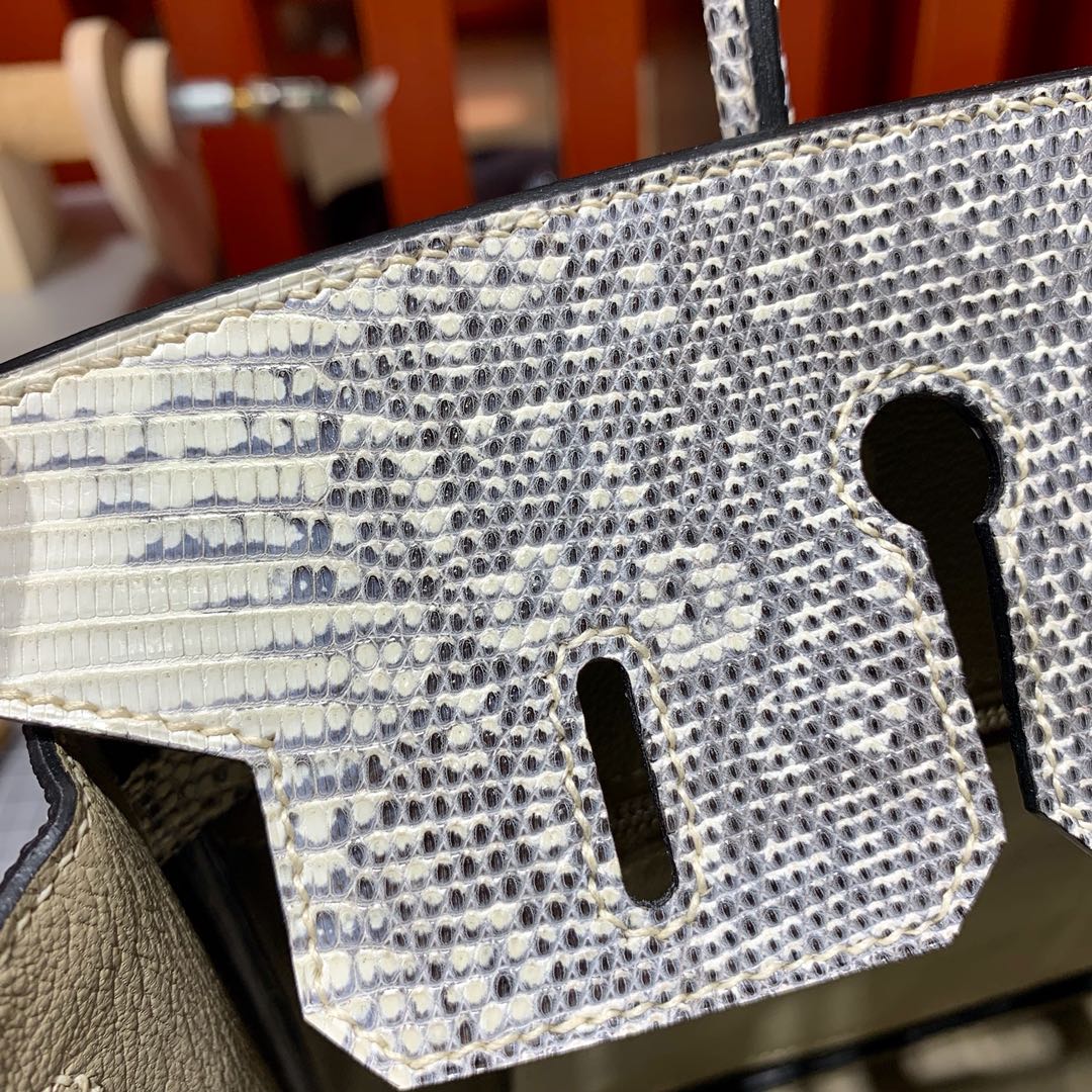 现货 Hermes Birkin25CM 爱马仕喜马拉雅色进口蜥蜴皮铂金包 银扣