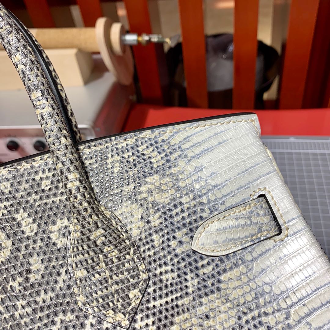 爱马仕铂金包价格 Hermes喜马拉雅色蜥蜴皮手工缝制Birkin30CM 银扣
