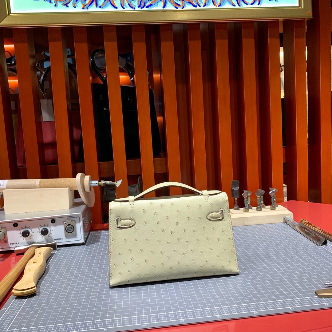 Hermes Minikelly Pochette22cm 爱马仕羊毛白鸵鸟皮迷你凯莉包 金扣