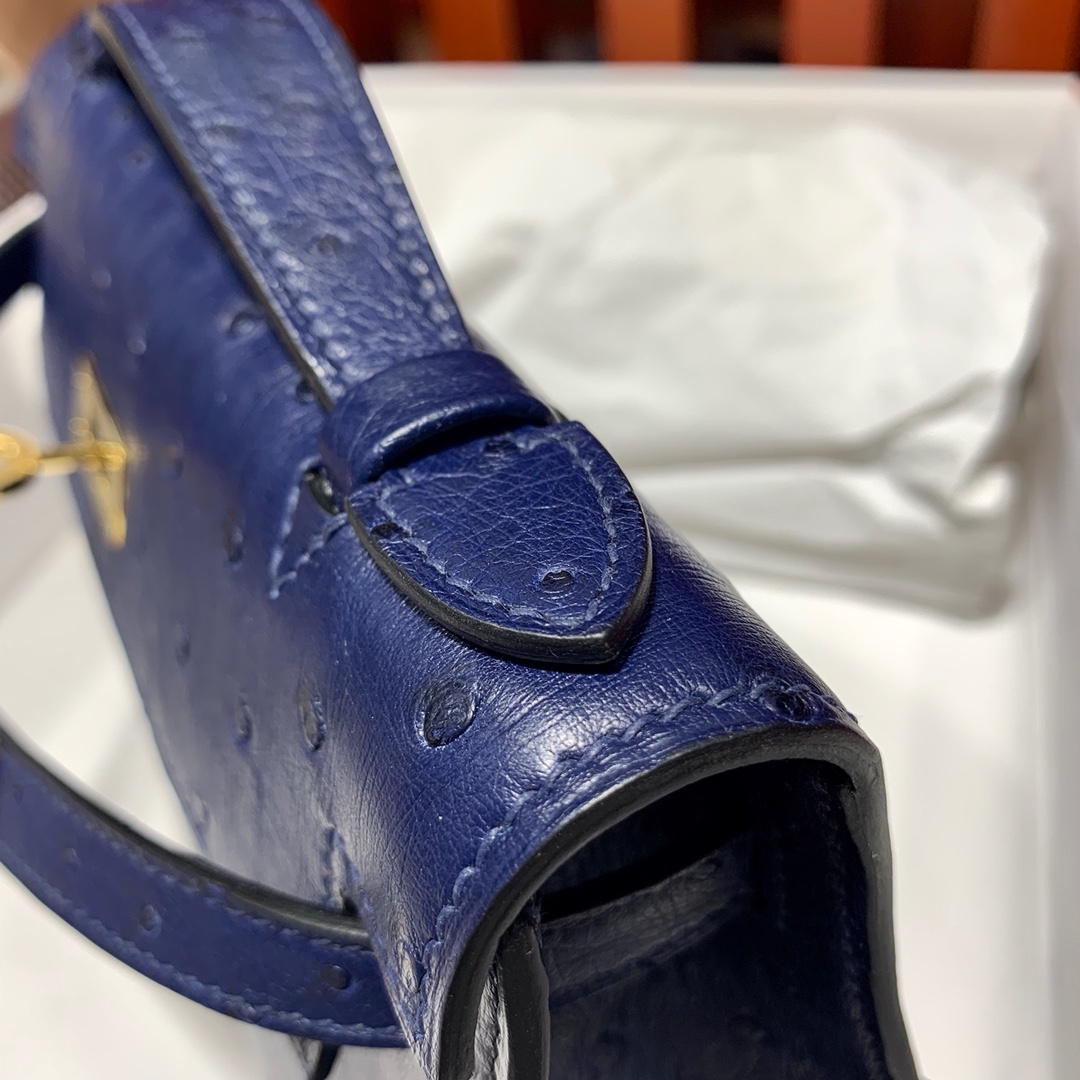 现货 Hermes Minikelly22CM 爱马仕宝石蓝顶级鸵鸟皮迷你凯莉包 金扣