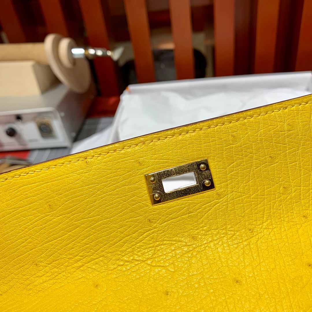 现货 爱马仕迷你凯莉包价格 Hermes Minikelly22CM 琥珀黄顶级鸵鸟皮 金扣