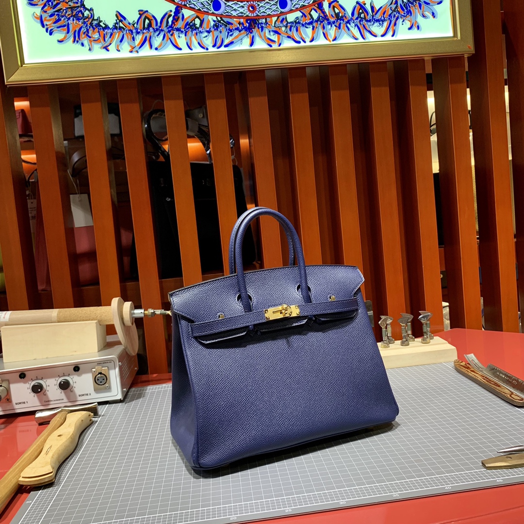 现货 Hermes Birkin25CM 爱马仕宝石蓝手掌纹牛皮铂金包 金扣