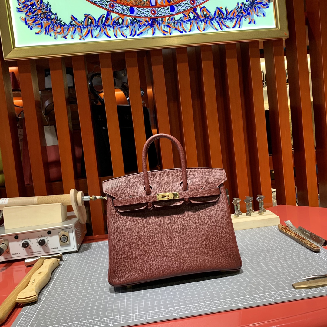 爱马仕铂金包批发 Hermes波尔多酒红Epsom皮Birkin25CM 金银扣