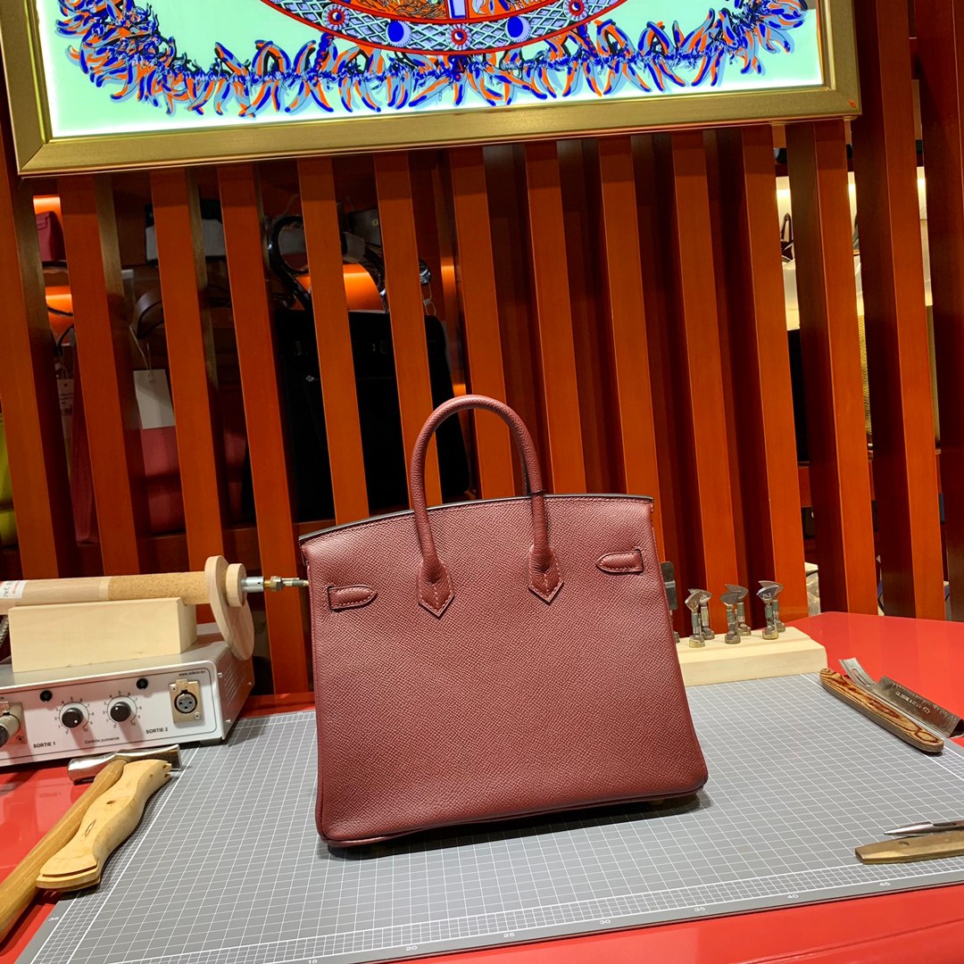 爱马仕铂金包批发 Hermes波尔多酒红Epsom皮Birkin25CM 金银扣