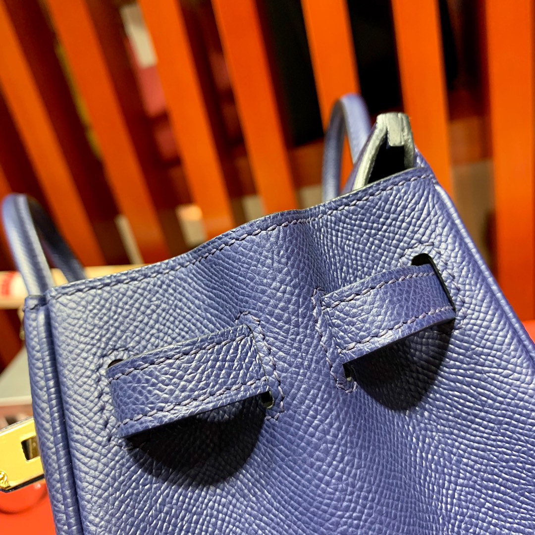 现货 Hermes Birkin25CM 爱马仕宝石蓝手掌纹牛皮铂金包 金扣