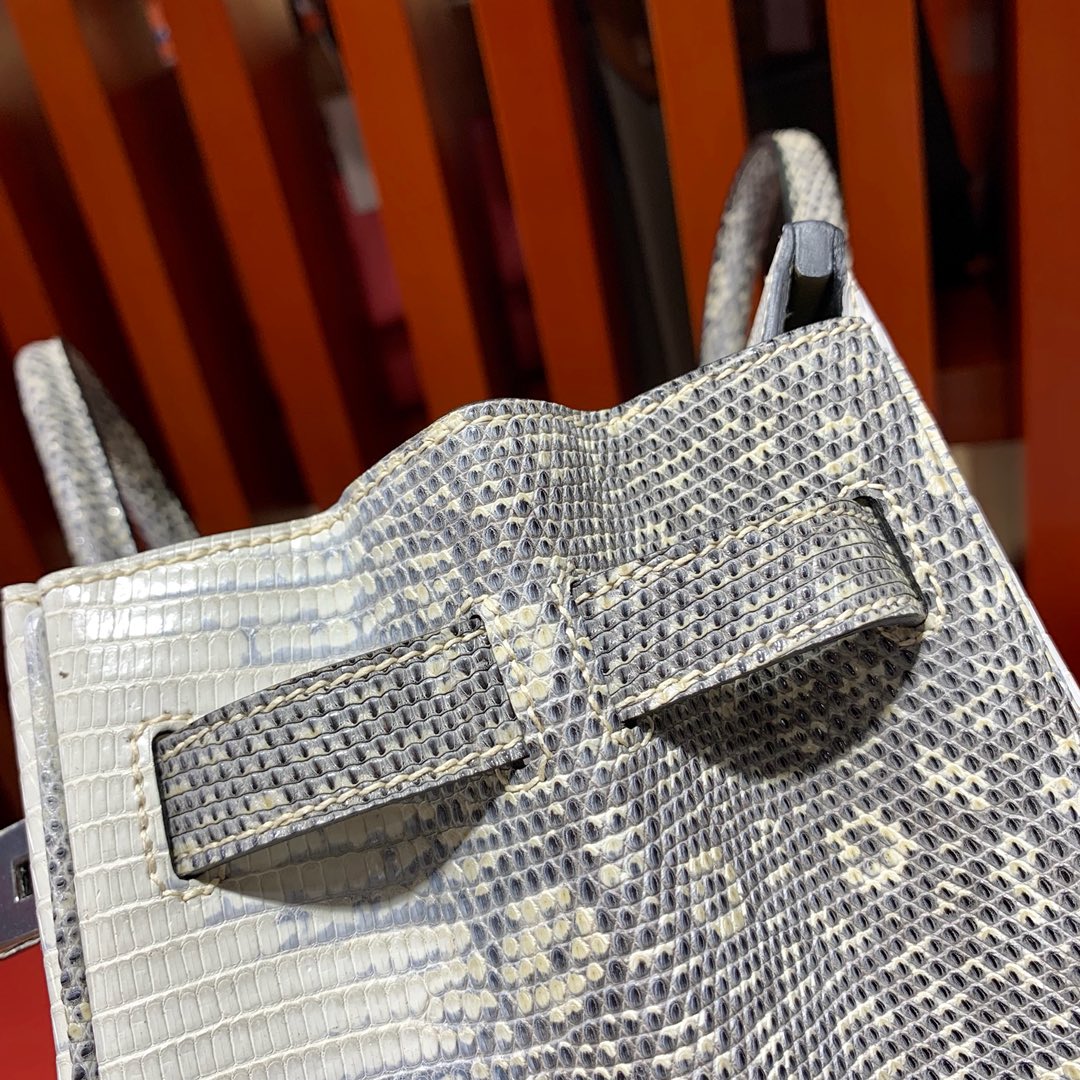 爱马仕铂金包价格 Hermes喜马拉雅色蜥蜴皮手工缝制Birkin30CM 银扣