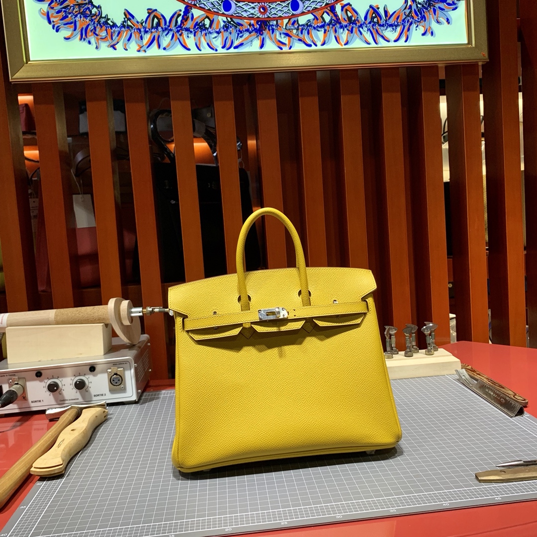 Hermes Birkin25CM 爱马仕琥珀黄Epsom皮铂金包 金银扣