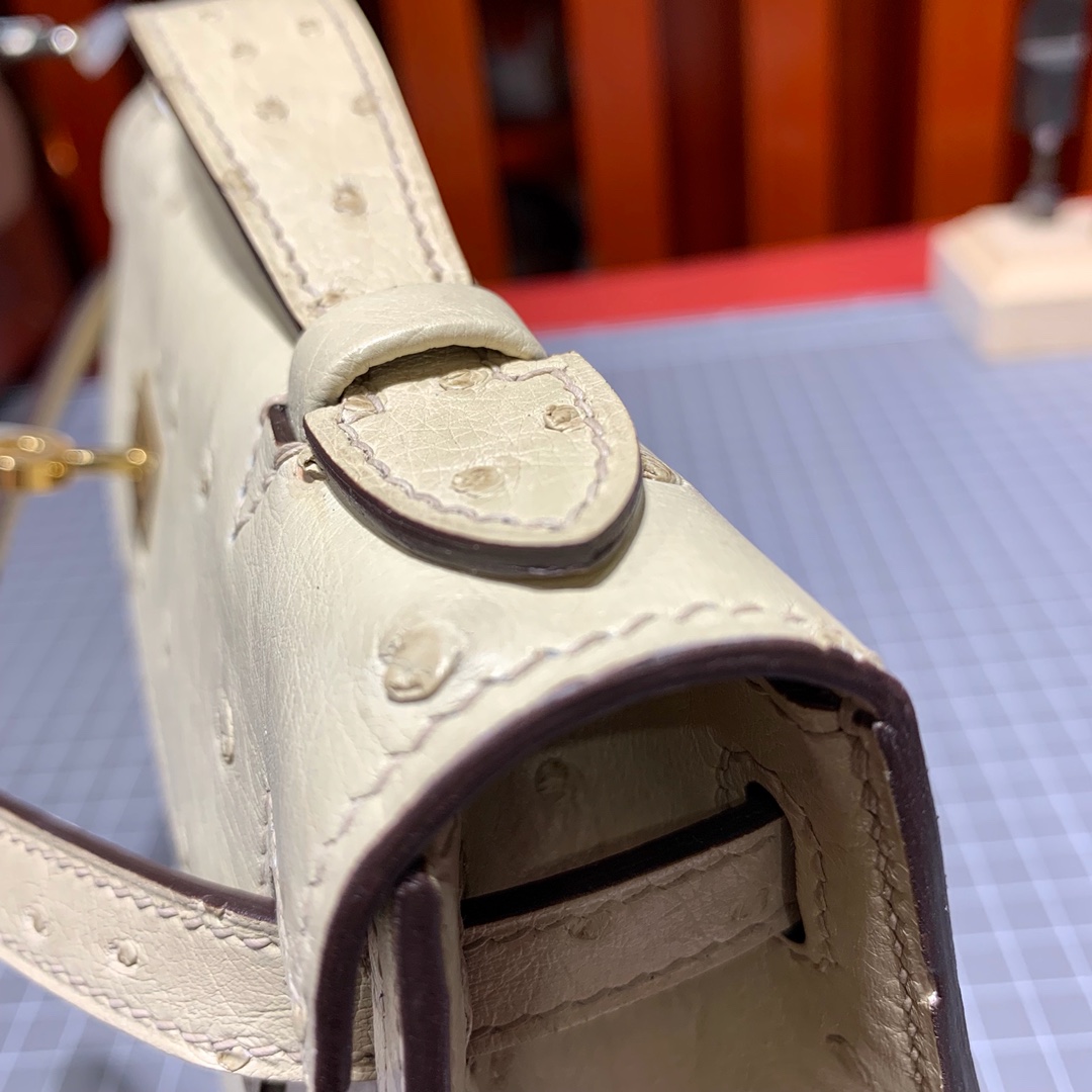 Hermes Minikelly Pochette22cm 爱马仕羊毛白鸵鸟皮迷你凯莉包 金扣