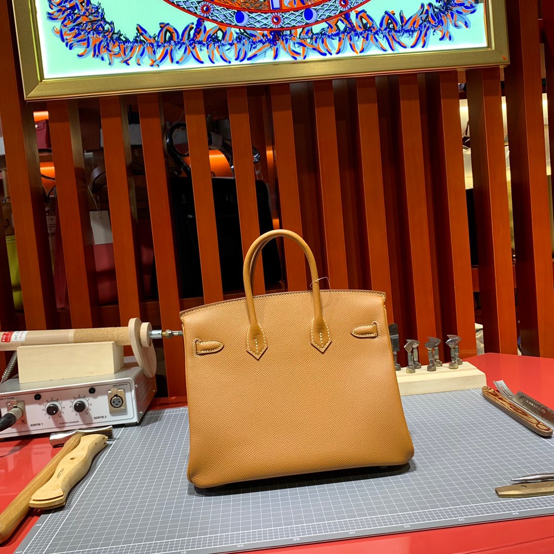 Hermes包包官网 爱马仕铂金包Birkin25CM 土黄色手掌纹牛皮 银扣