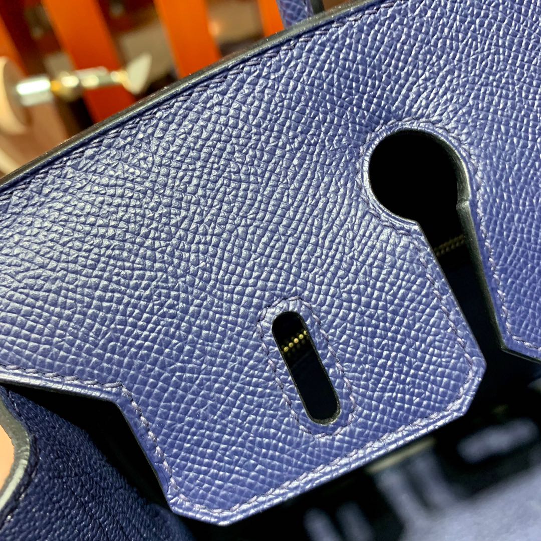 现货 Hermes Birkin25CM 爱马仕宝石蓝手掌纹牛皮铂金包 金扣