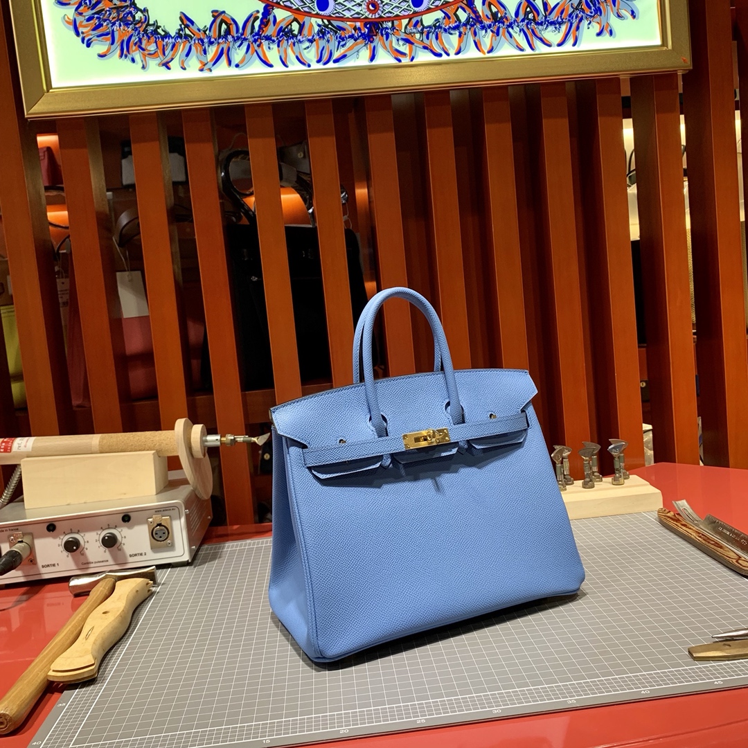 现货 爱马仕铂金包价格 Hermes Birkin25CM 天堂蓝手掌纹牛皮 金扣