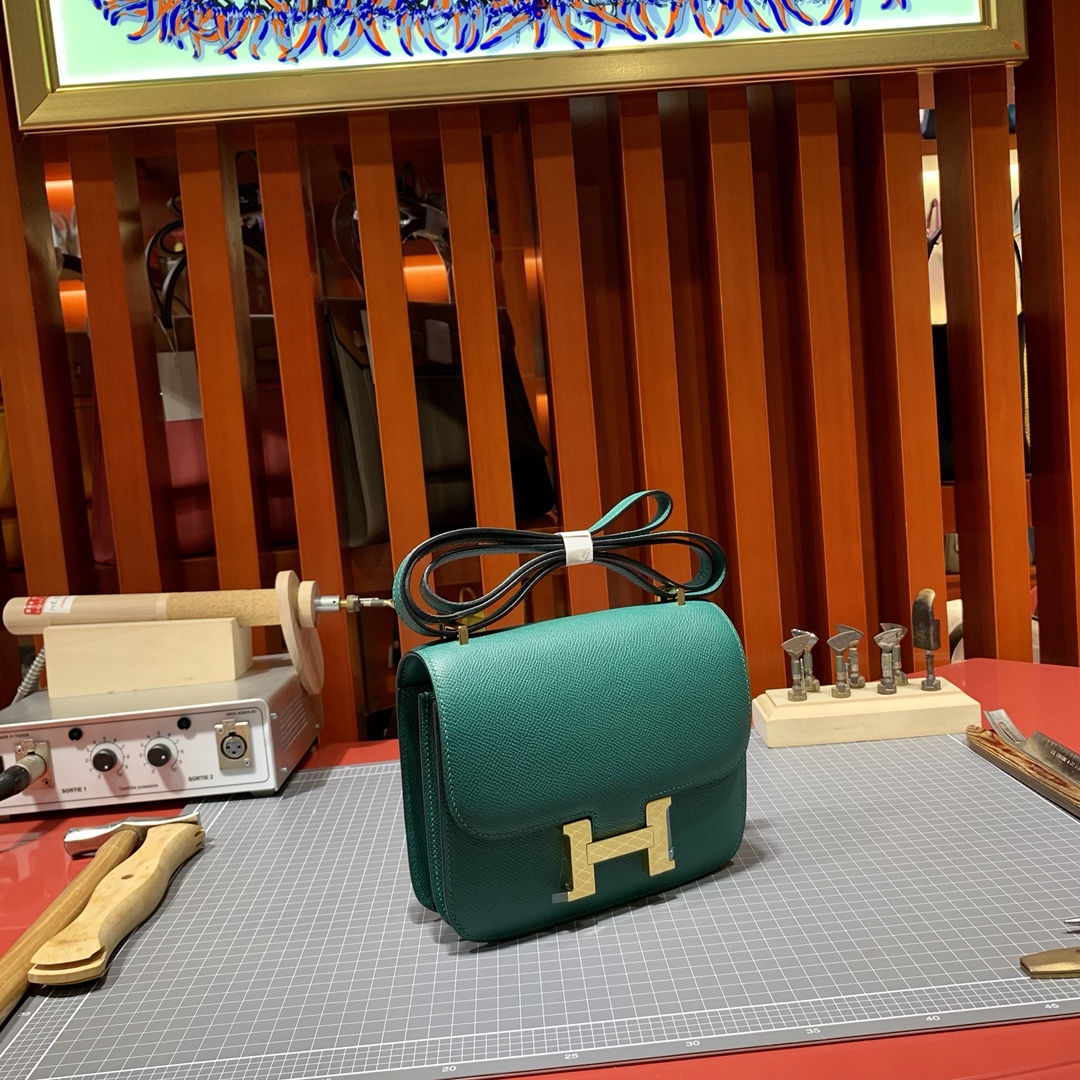 Hermes空姐包批发 爱马仕孔雀绿Epsom掌纹牛皮康斯坦包19cm 金扣