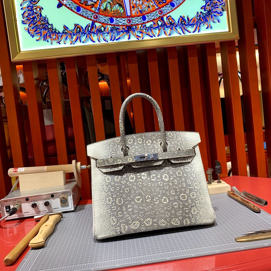 爱马仕铂金包价格 Hermes喜马拉雅色蜥蜴皮手工缝制Birkin30CM 银扣