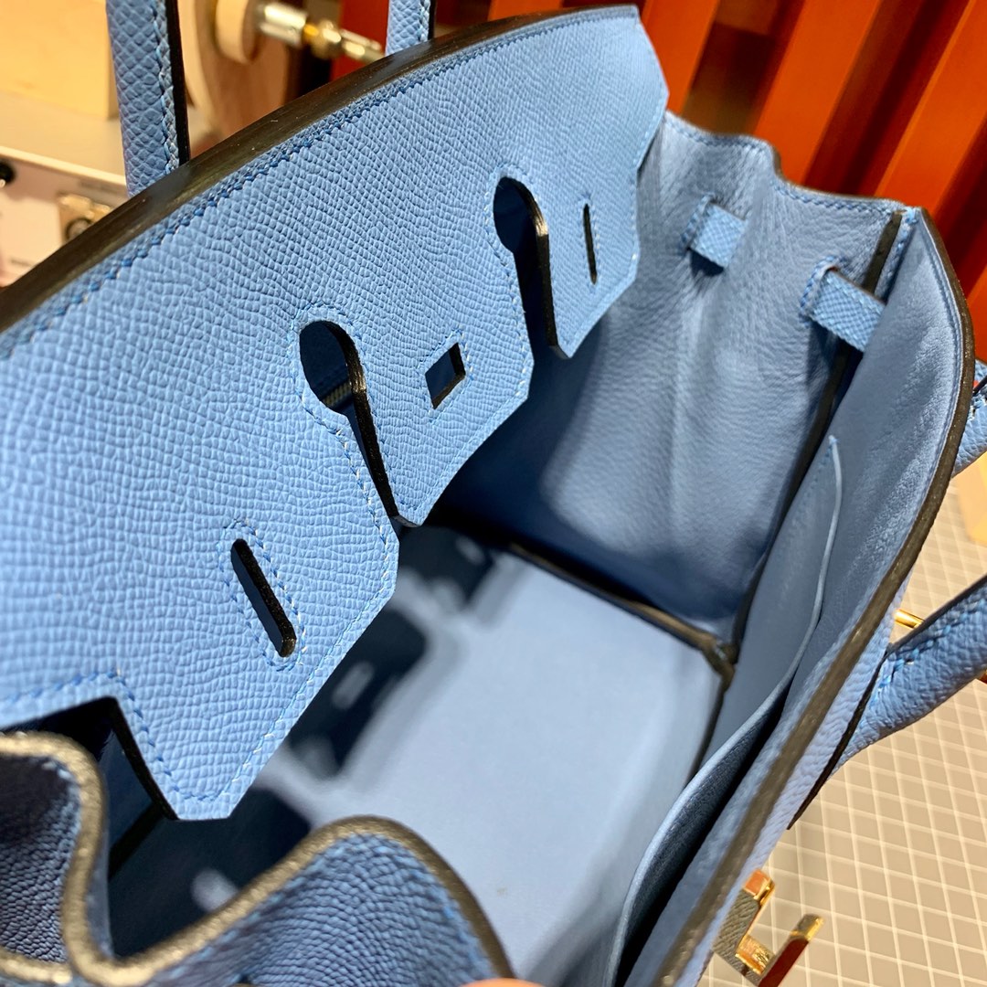 现货 爱马仕铂金包价格 Hermes Birkin25CM 天堂蓝手掌纹牛皮 金扣