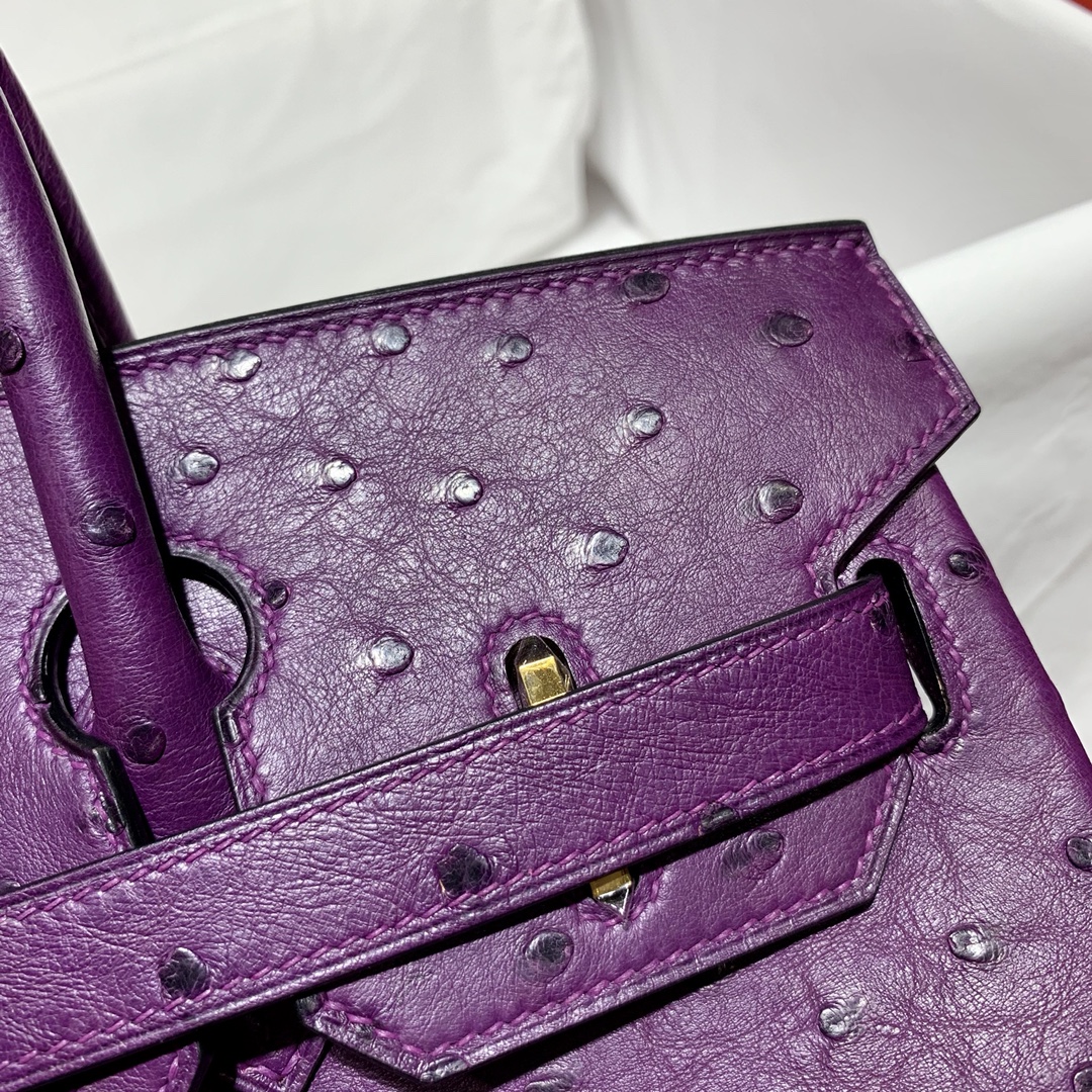 爱马仕铂金包价格 Hermes Birkin30cm P9海葵紫KK鸵鸟皮 金扣