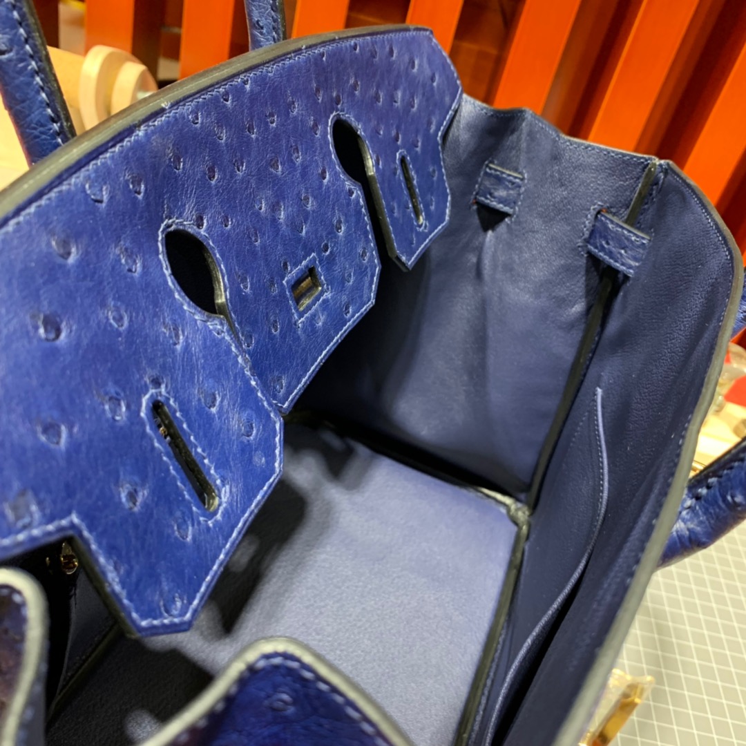爱马仕Birkin女包 Hermes73宝石蓝KK鸵鸟皮铂金包Birkin30cm 金扣