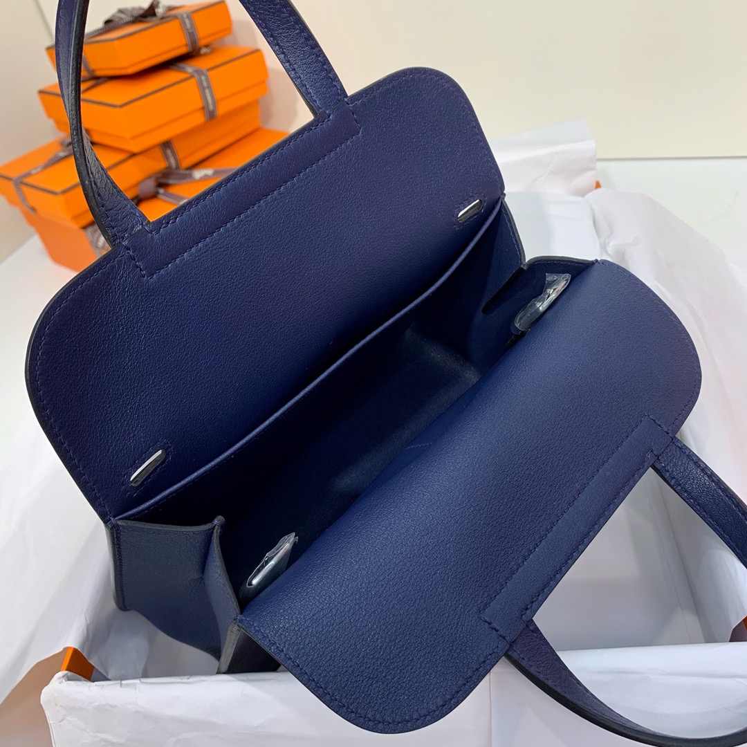 Hermes mini Halzan22CM 爱马仕宝石蓝Swift牛皮手提斜挎包包 银扣