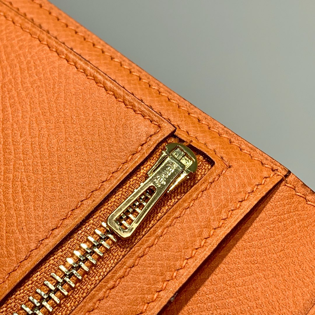 现货 Hermes Bearn钱包 爱马仕掌纹牛皮经典短款钱夹 橙色金扣