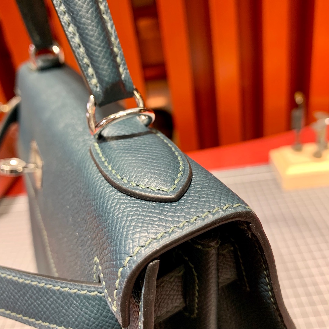 现货 Hermes Kelly25cm 爱马仕6O松柏绿掌纹牛皮凯莉包 金银扣