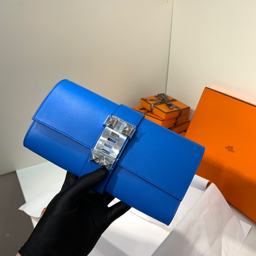 Hermes CDC手包 爱马仕坦桑尼亚蓝Swift牛皮Medor Clutch晚宴包 银扣