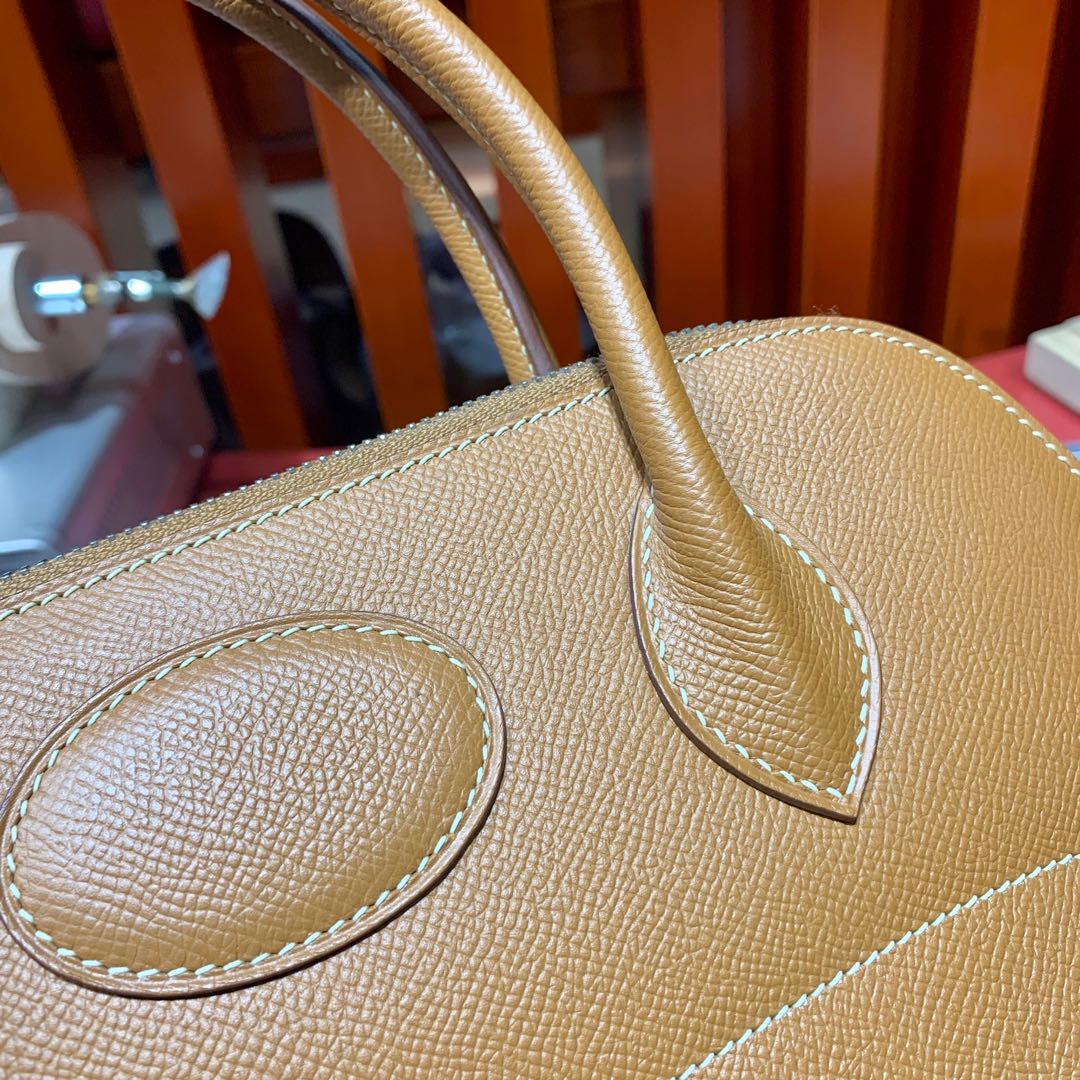 现货 Hermes Bolide31CM 爱马仕土黄色Epsom牛皮保龄球包 银扣