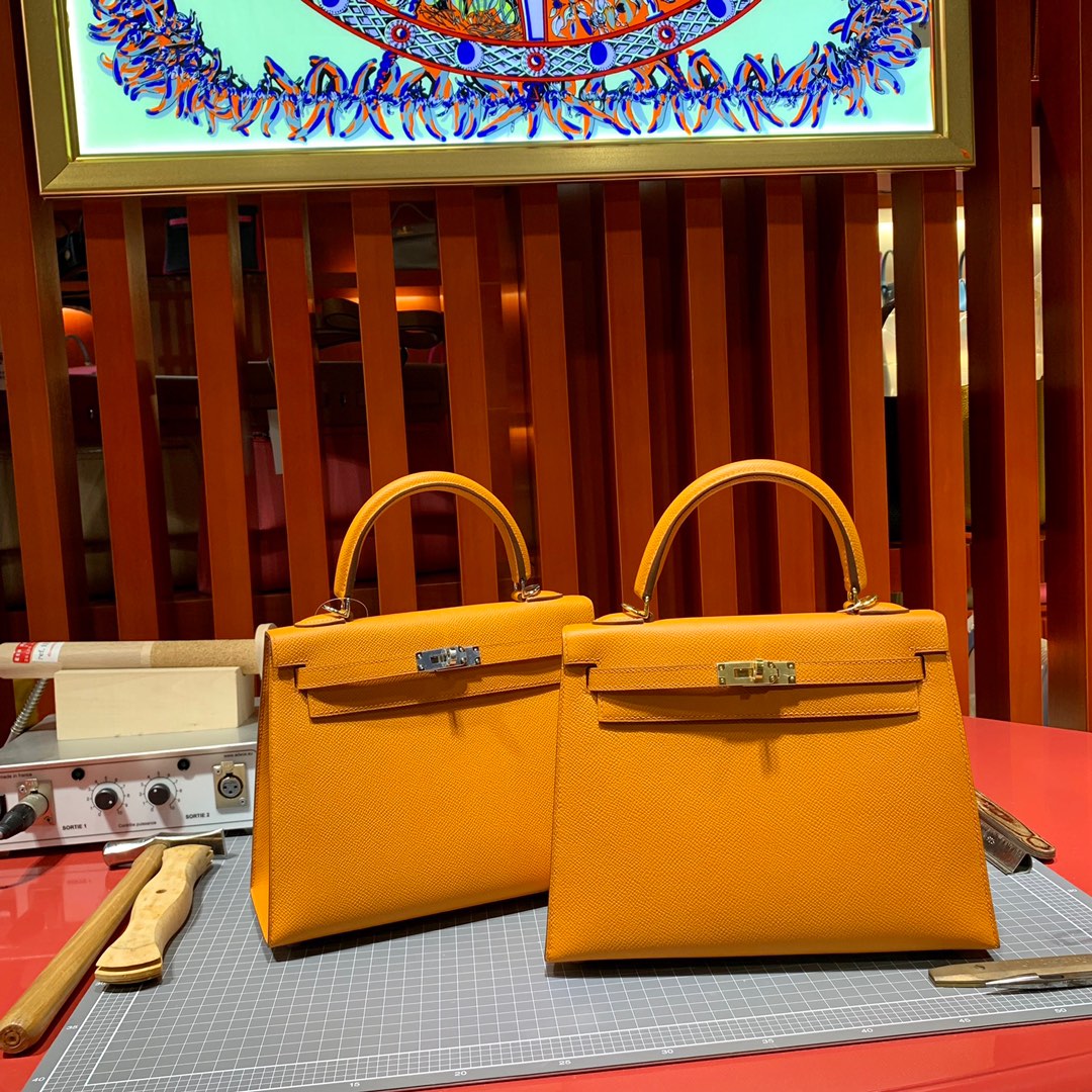 现货 Hermes Kelly25CM 爱马仕i9杏黄色Epsom皮凯莉包 金银扣