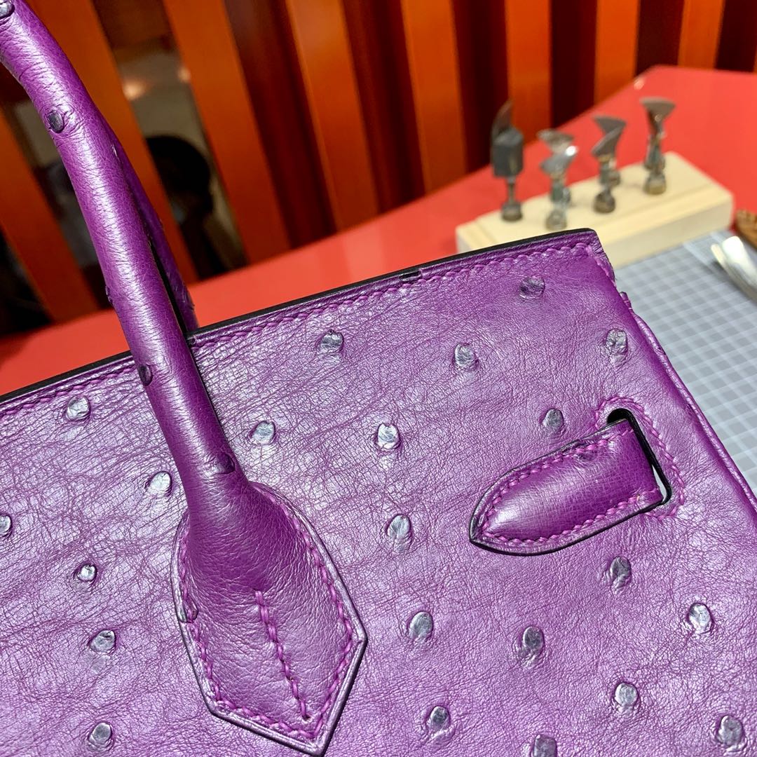 爱马仕铂金包价格 Hermes Birkin30cm P9海葵紫KK鸵鸟皮 金扣