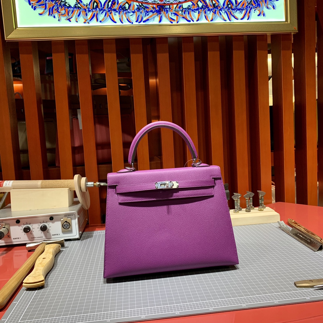 爱马仕凯莉包尺寸 Hermes Kelly25cm P9海葵紫Epsom皮 金银扣