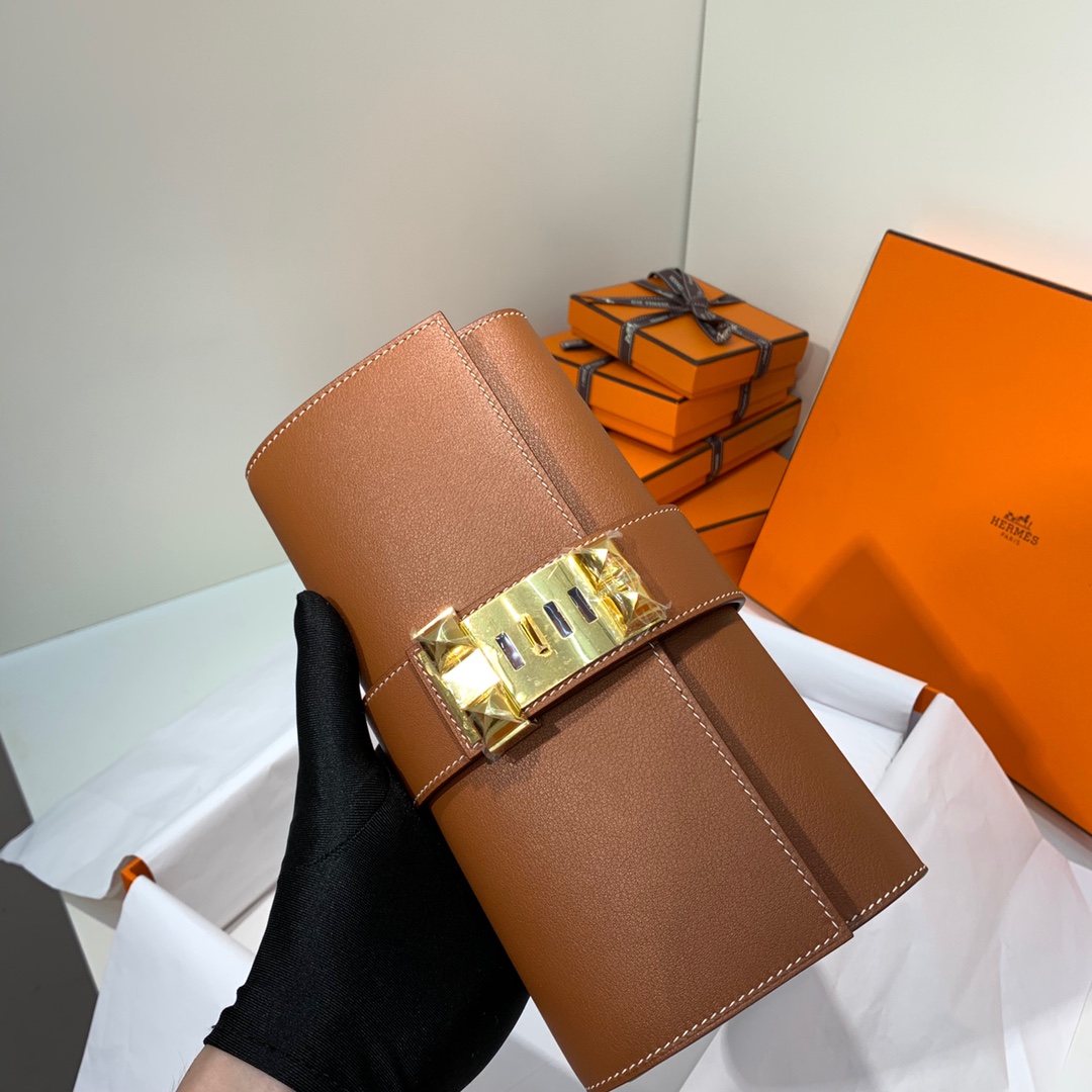 现货 爱马仕CDC手包 Hermes Medor Clutch金棕色Swift牛皮手包 金扣