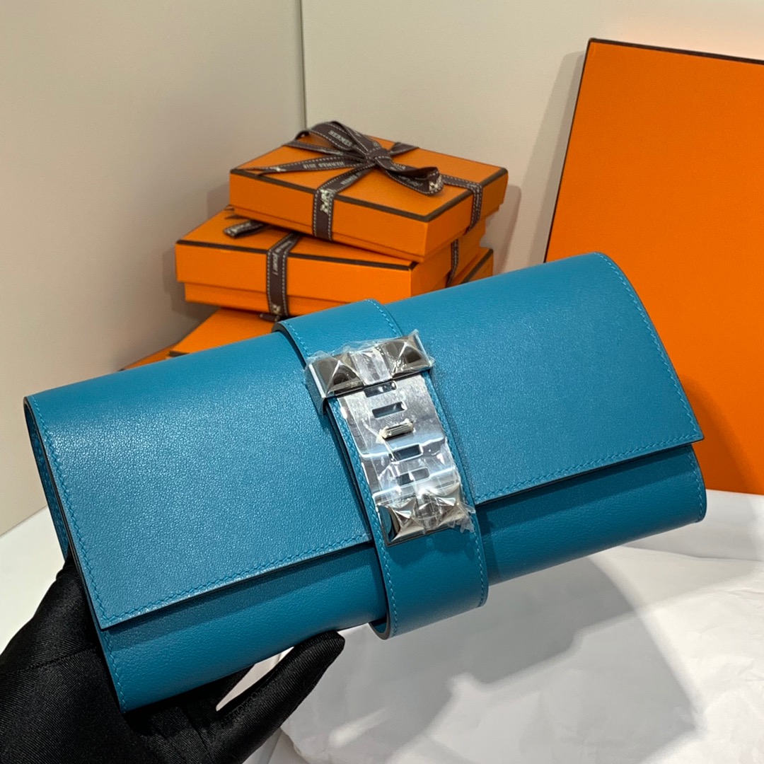 爱马仕新款手包 Hermes Medor Clutch伊滋密尔蓝Swift牛皮CDC扣手包 银扣