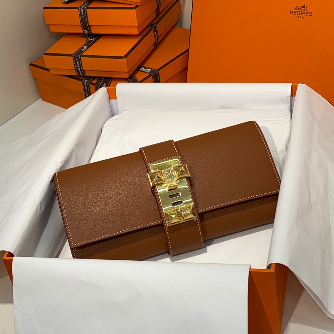 现货 爱马仕CDC手包 Hermes Medor Clutch金棕色Swift牛皮手包 金扣