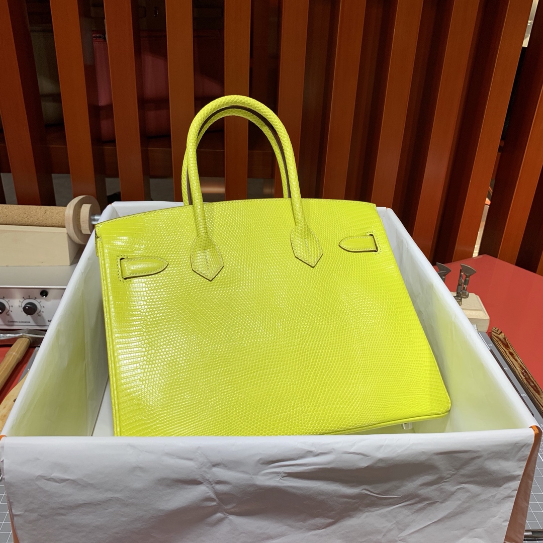 现货 爱马仕铂金包价格 Hermes Birkin30CM 柠檬黄蜥蜴皮 银扣