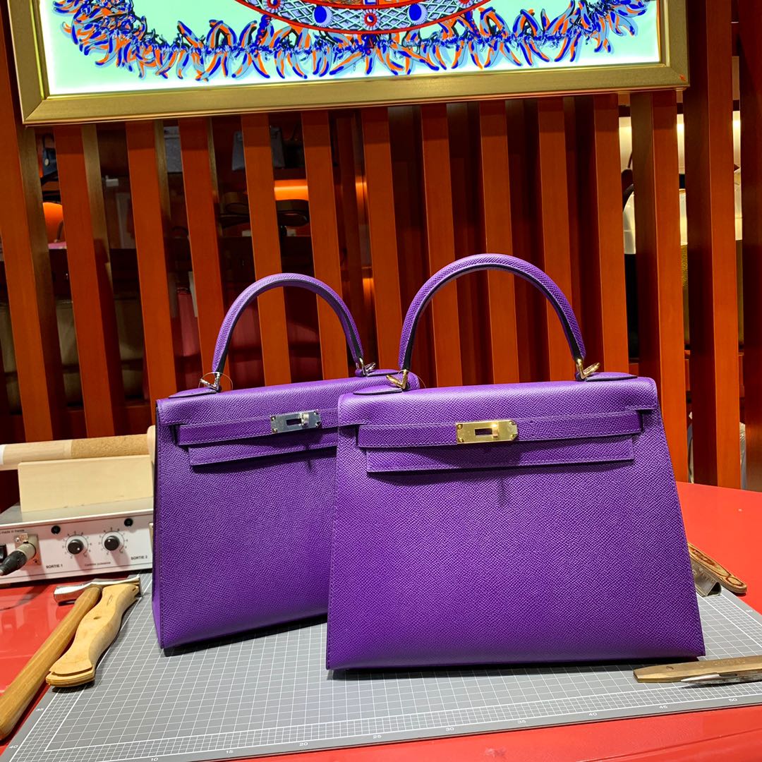 爱马仕Kelly女包 Hermes Kelly28CM 5L梦幻紫Epsom皮凯莉包 金银扣