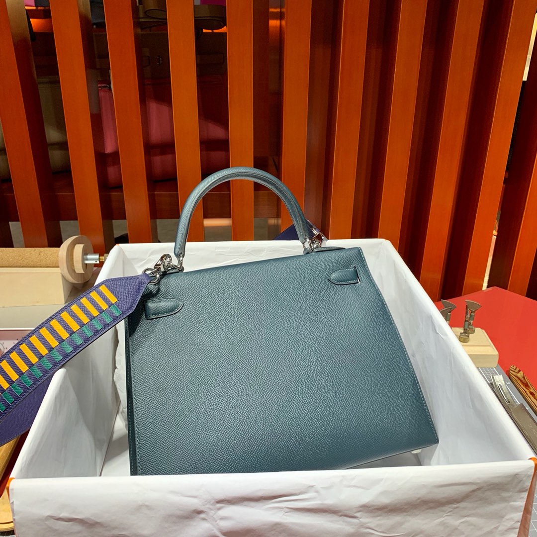 现货 Hermes Kelly25cm 爱马仕6O松柏绿掌纹牛皮凯莉包 金银扣