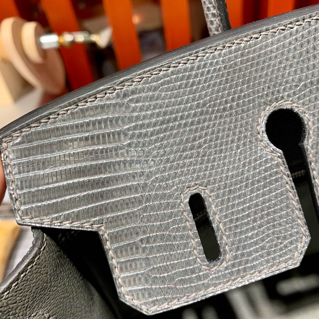 现货 爱马仕Birkin女包 Hermes Birkin25cm 锡器灰蜥蜴皮铂金包 银扣