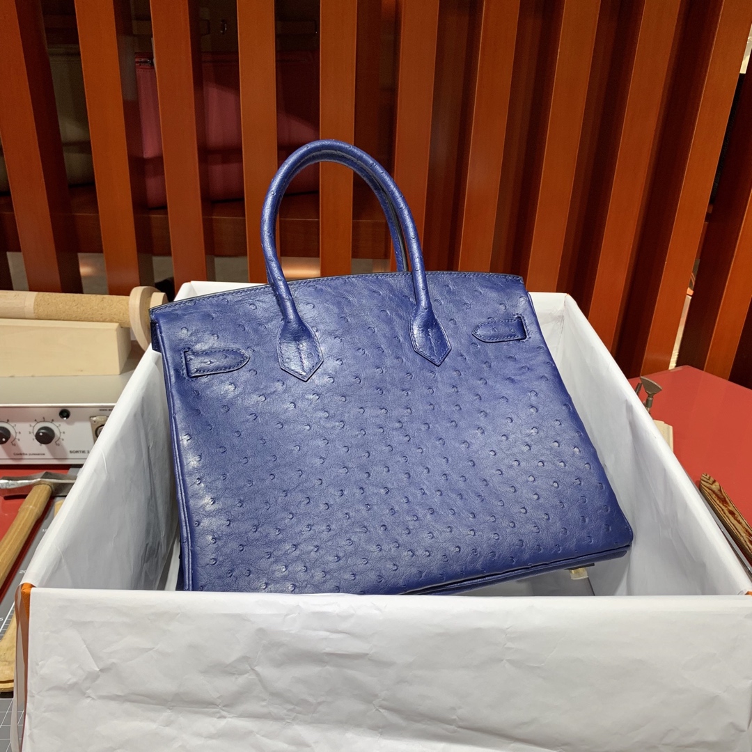 爱马仕Birkin女包 Hermes73宝石蓝KK鸵鸟皮铂金包Birkin30cm 金扣