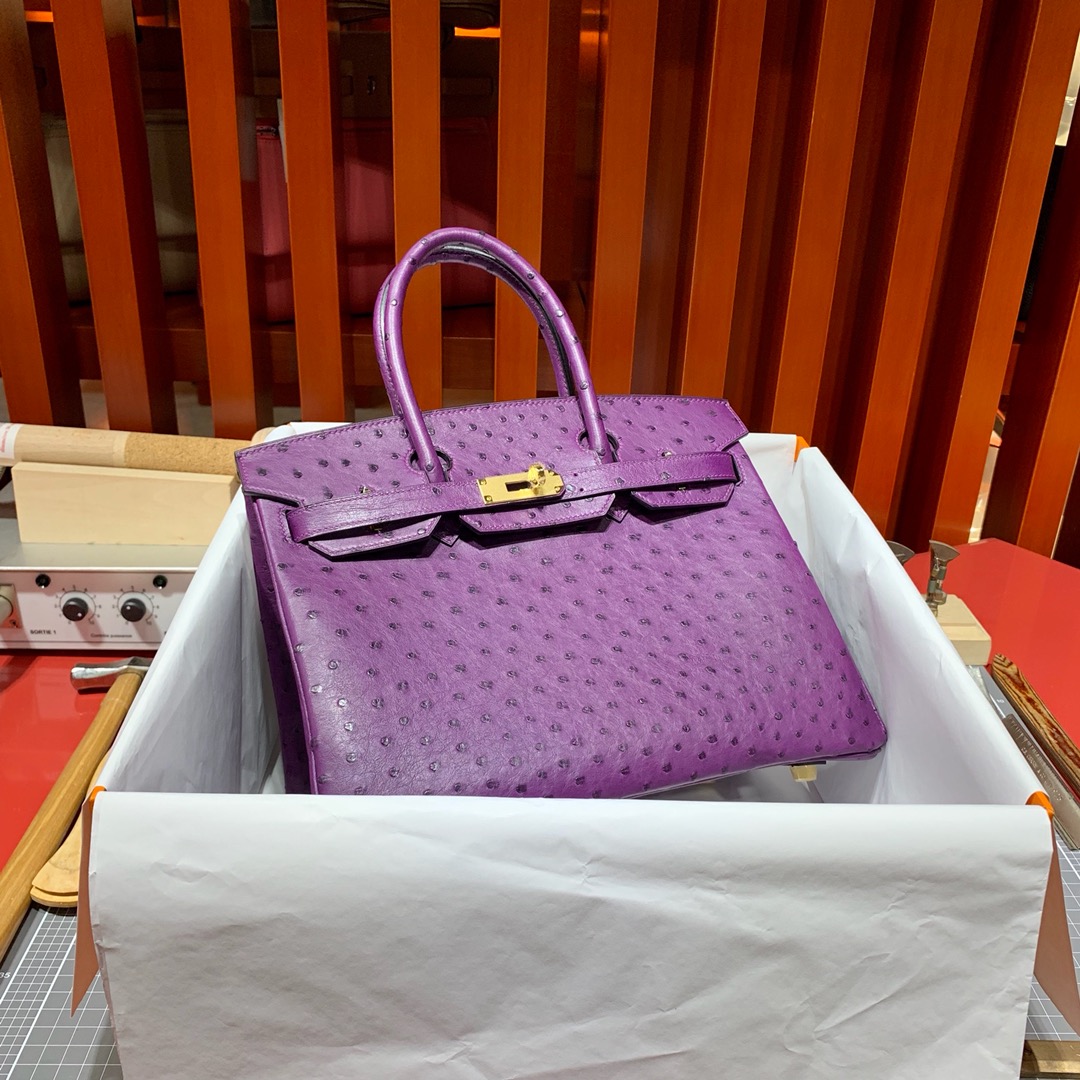 爱马仕铂金包价格 Hermes Birkin30cm P9海葵紫KK鸵鸟皮 金扣