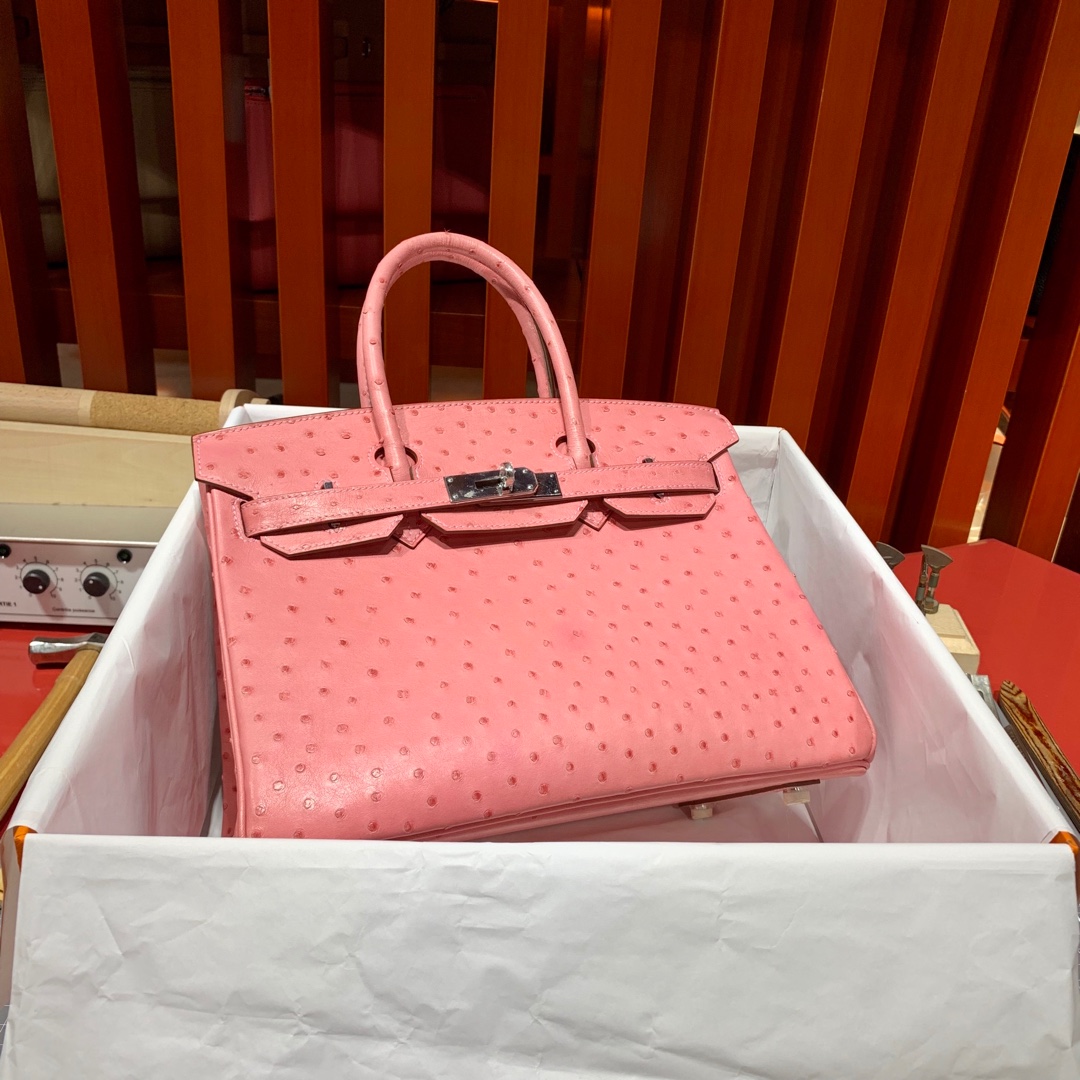 Hermes包包货源 爱马仕顶级KK鸵鸟皮铂金包Birkin30cm 1Q奶昔粉 银扣