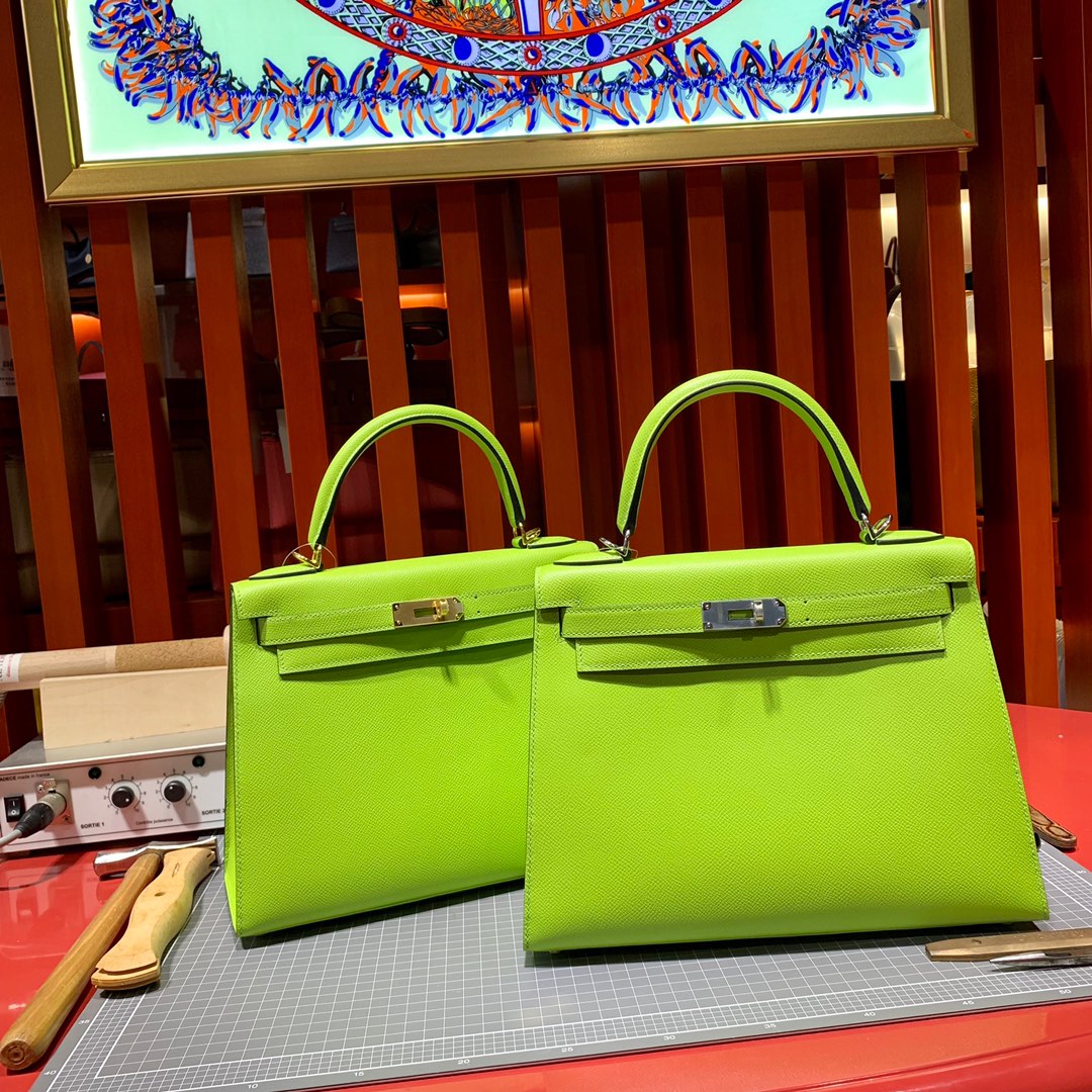 爱马仕凯莉包批发 Hermes糖果绿原厂Epsom皮Kelly28CM 金银扣