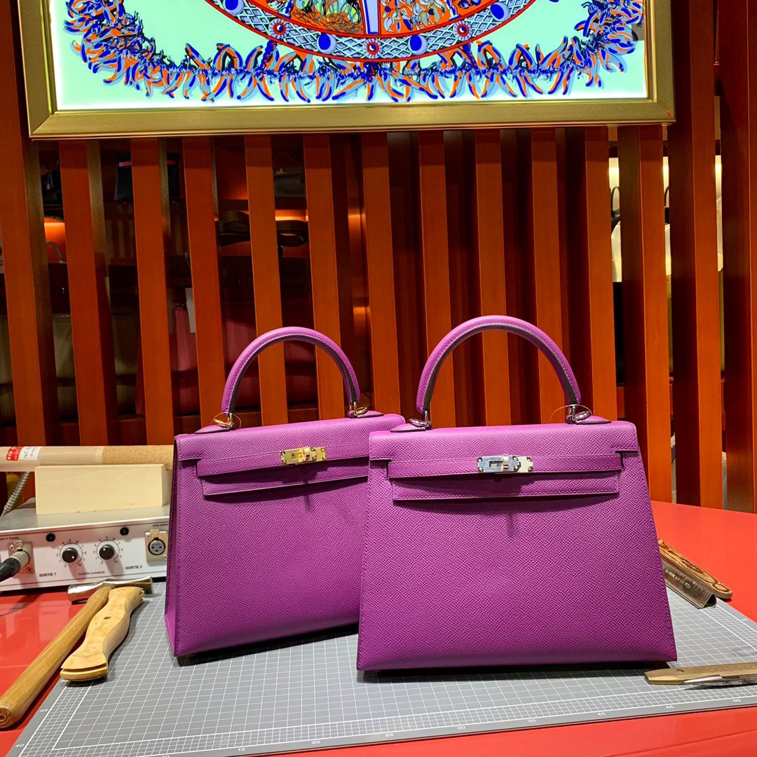 爱马仕凯莉包尺寸 Hermes Kelly25cm P9海葵紫Epsom皮 金银扣