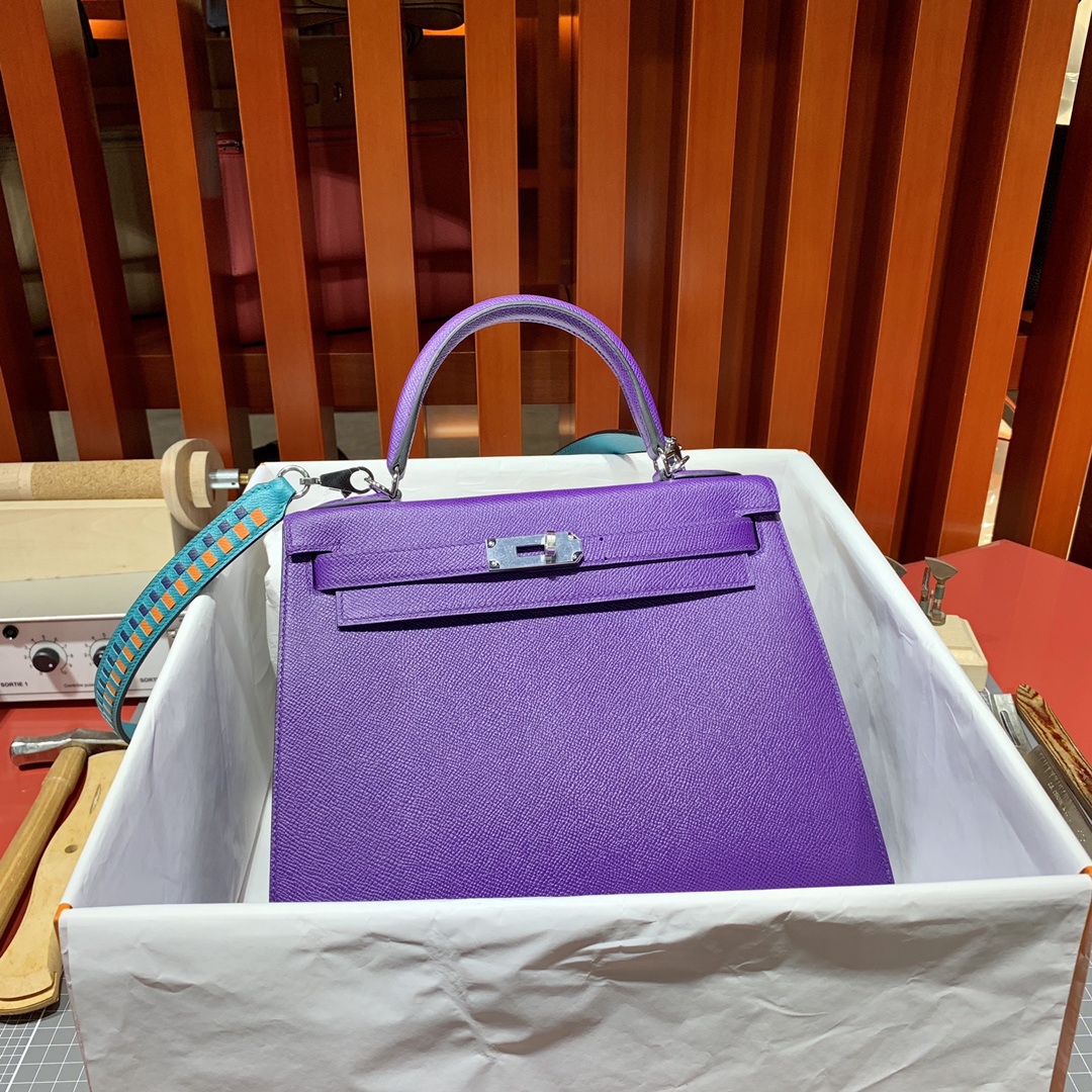 爱马仕Kelly女包 Hermes Kelly28CM 5L梦幻紫Epsom皮凯莉包 金银扣