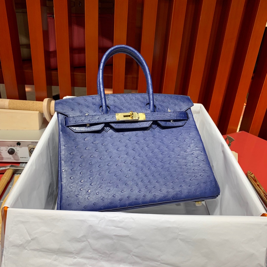 爱马仕Birkin女包 Hermes73宝石蓝KK鸵鸟皮铂金包Birkin30cm 金扣